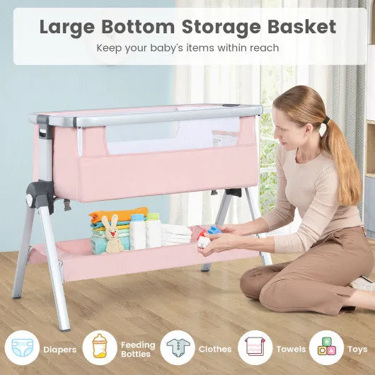 Baby Bassinet Bedside Sleeper With Storage Basket and Wheel for Newborn-Pink