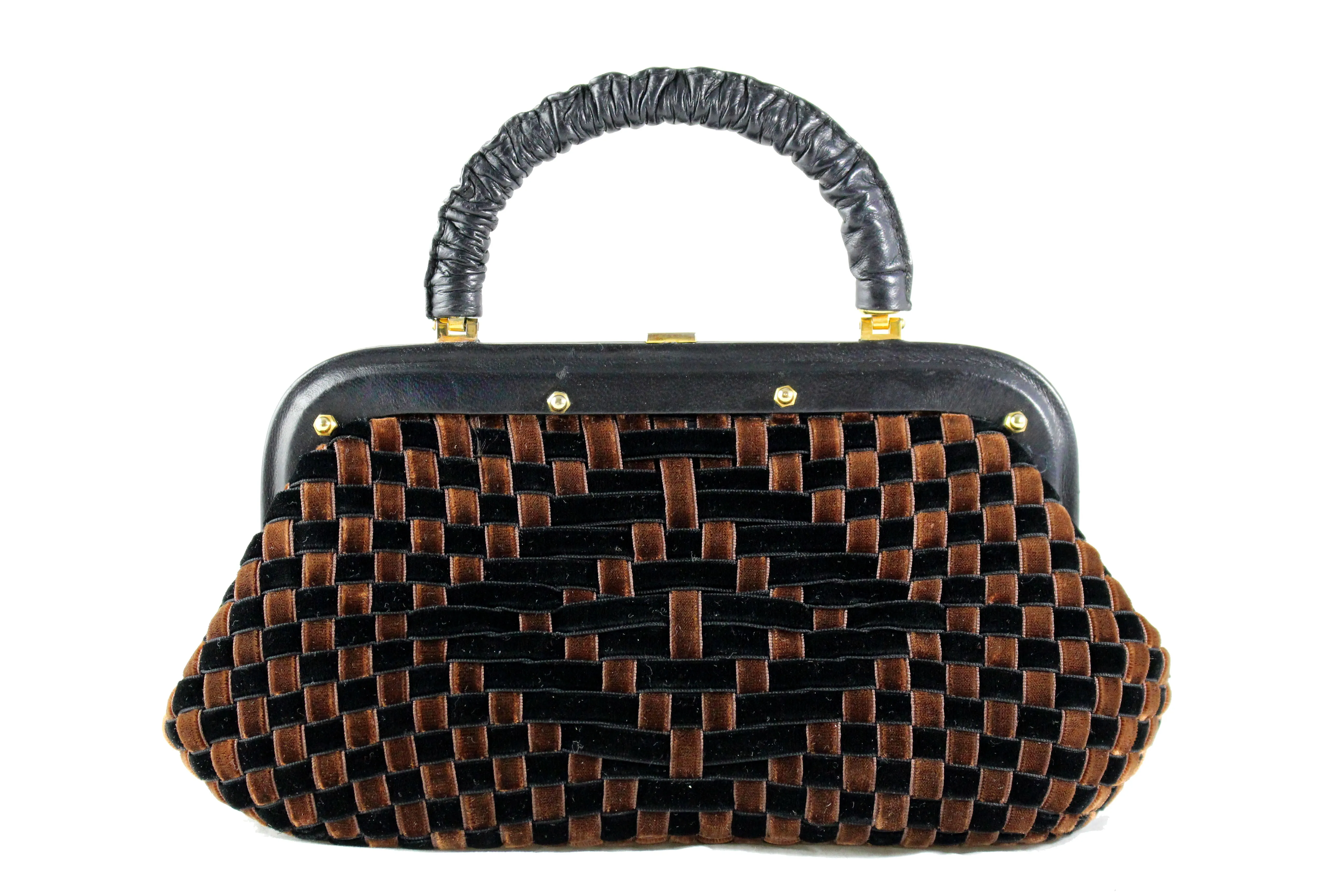 Black and brown woven velvet frame bag