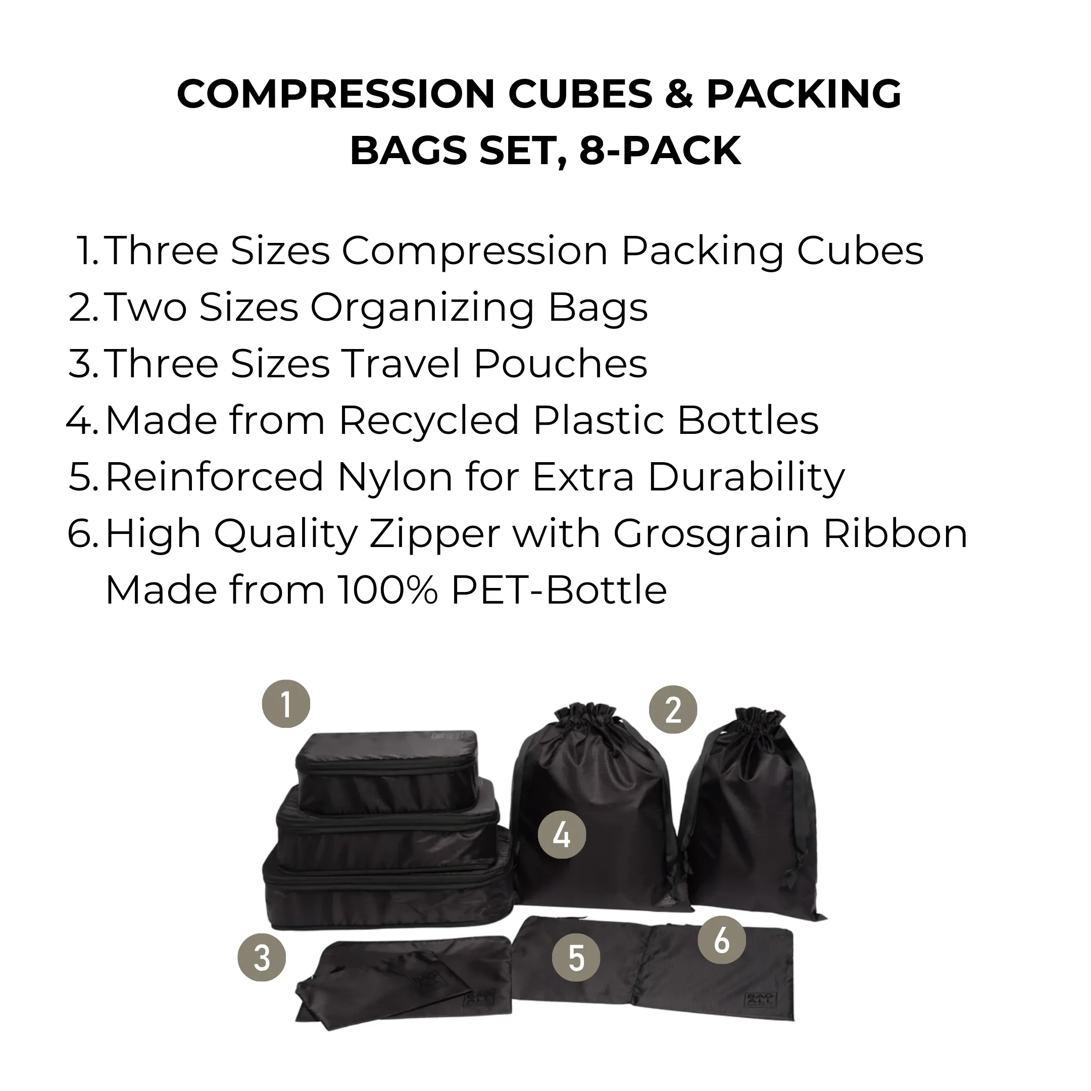 Compression Cubes & Packing Bags Set, 8-pack, Black