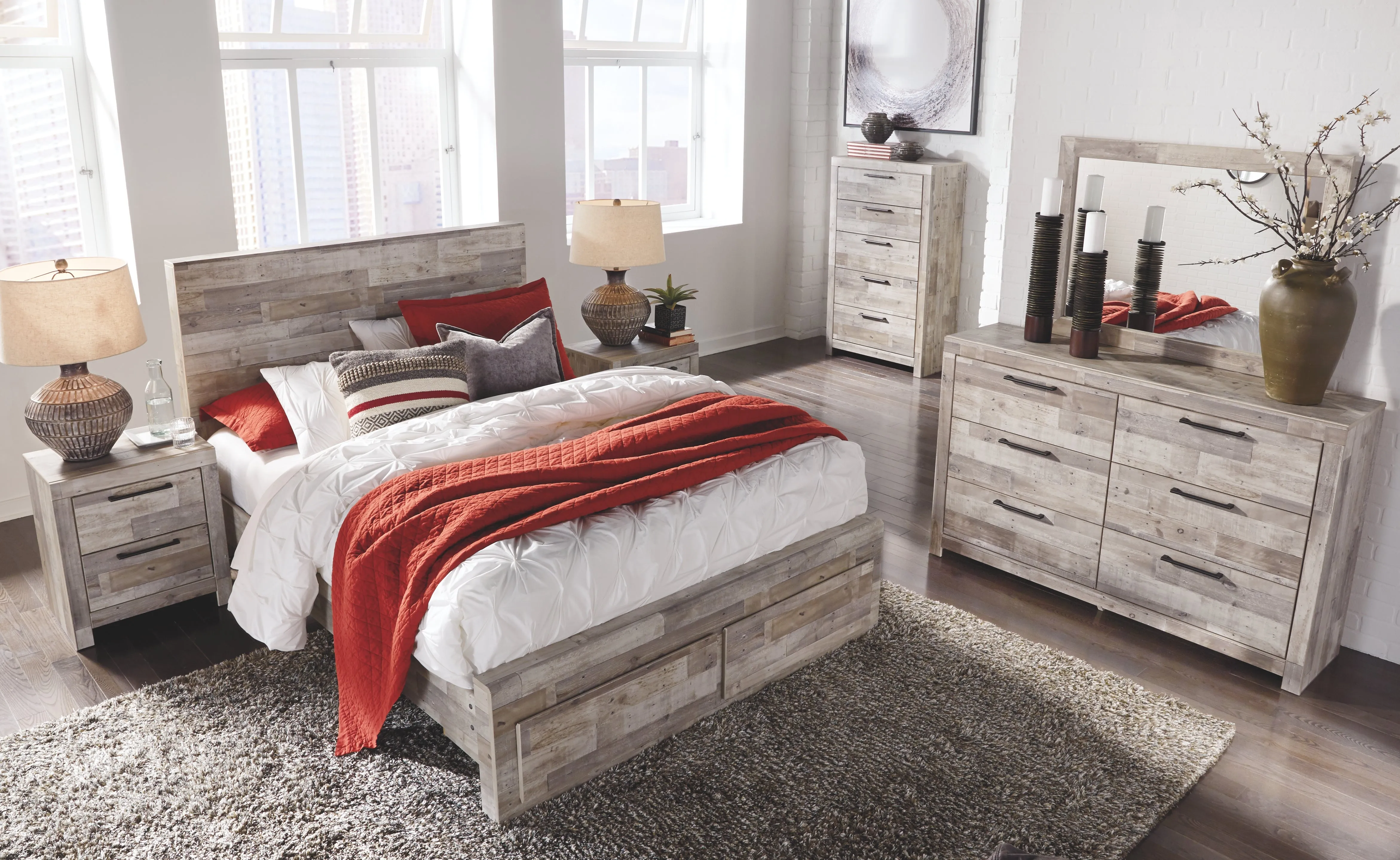 Effie Whitewash Queen Storage Bed with Dresser and Mirror