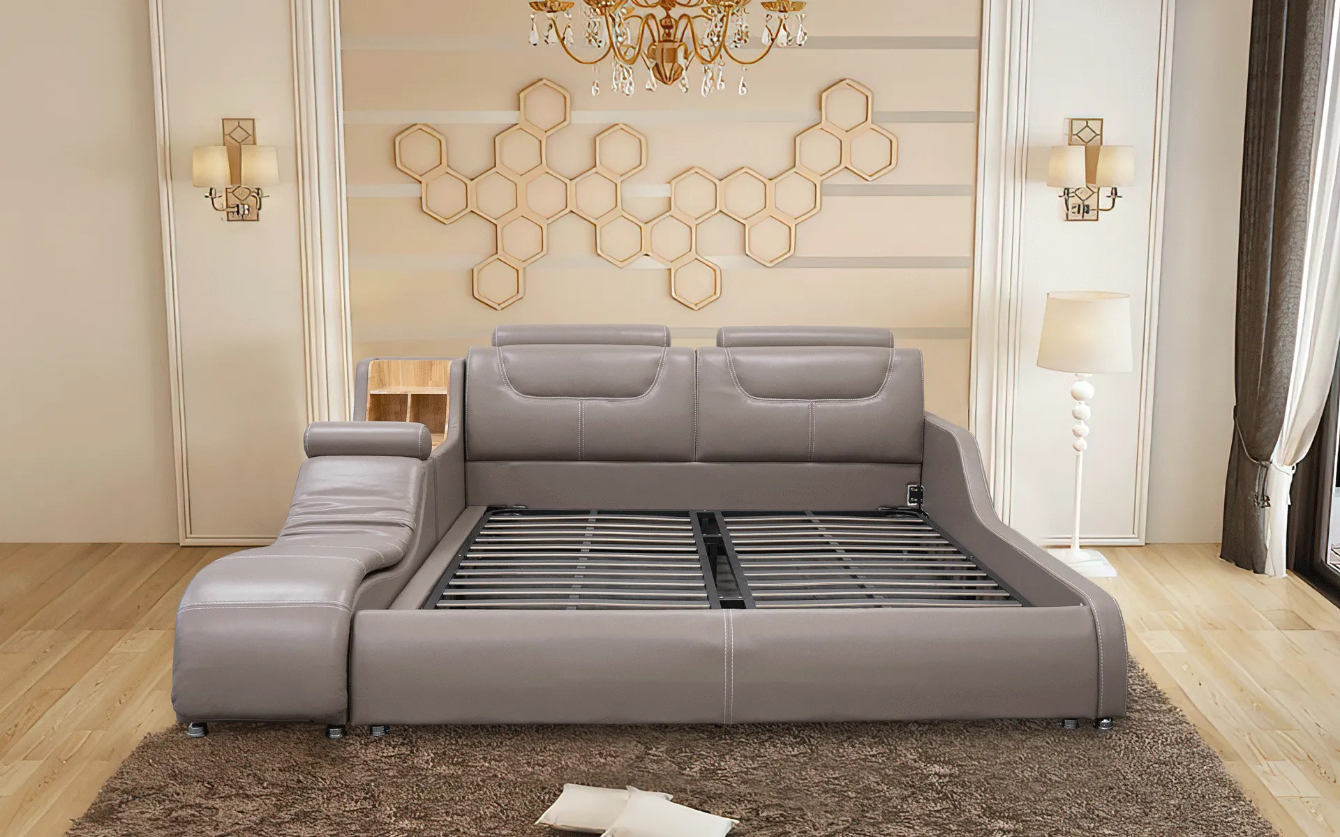 Giamo Leather Bed with Chaise and Storage