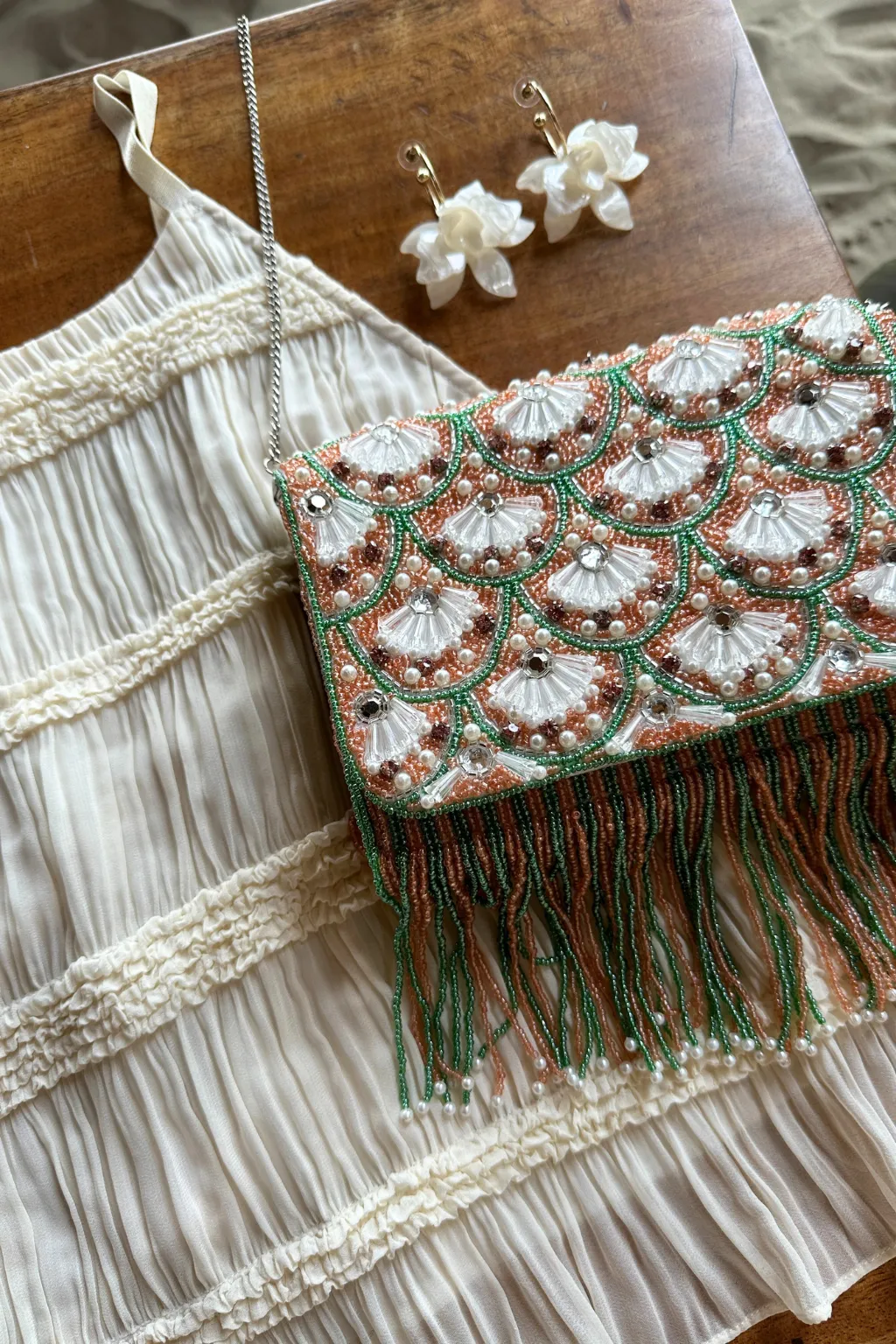 Jasmine Green and Pink Beaded Fringe Bag