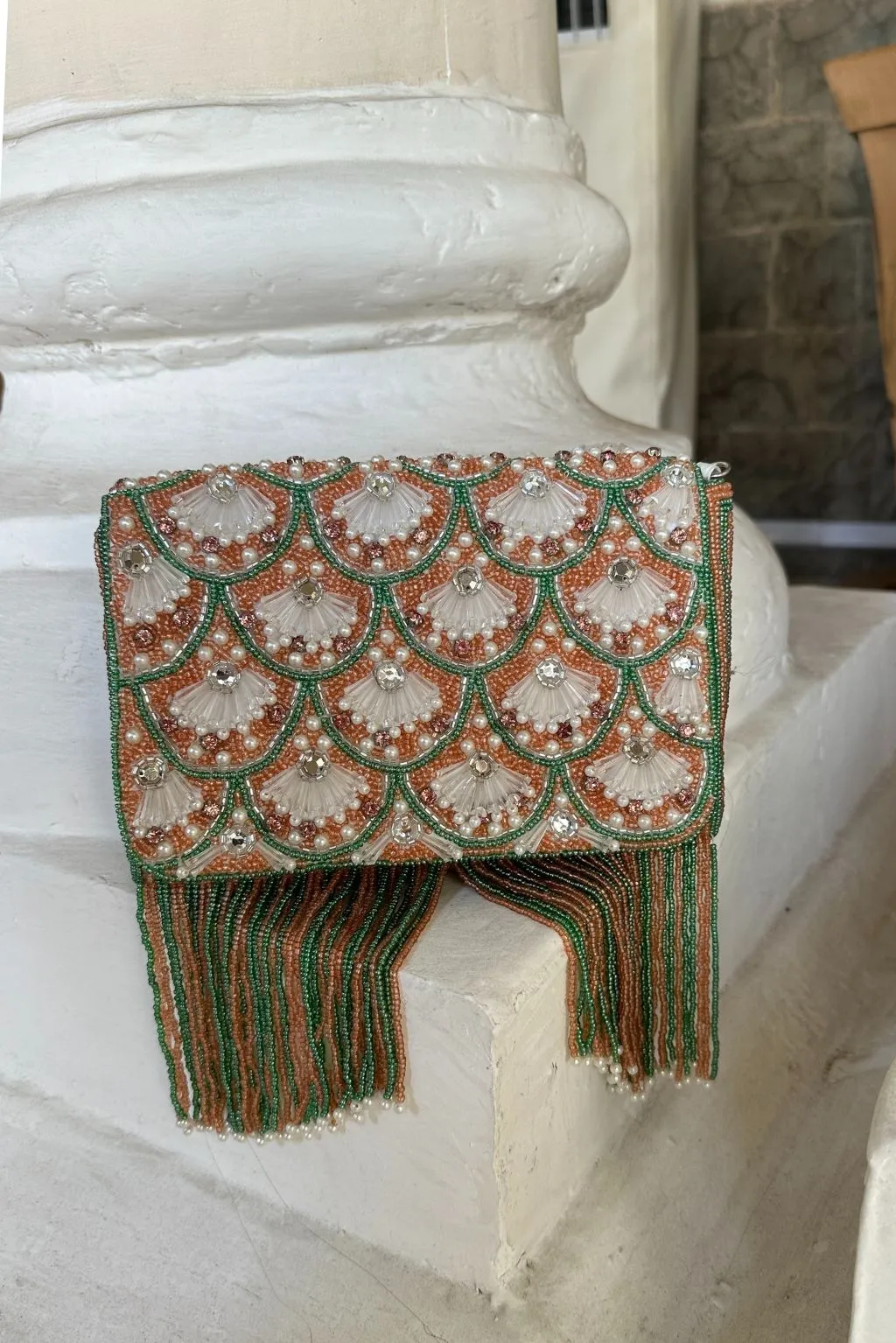 Jasmine Green and Pink Beaded Fringe Bag