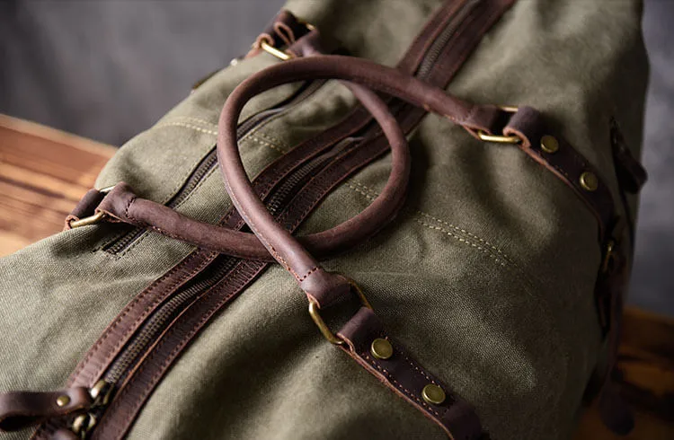 Leather and canvas duffel bag, vintage canvas travel bag, gym bag on sale