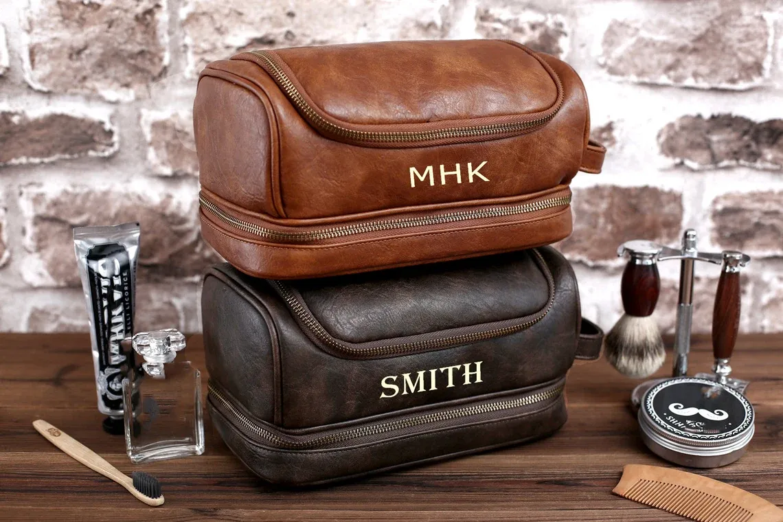 Personalised Leather Hanging Wash Bag, Groomsmen Gifts, PU Leather Toiletry Bag, Christmas Gift