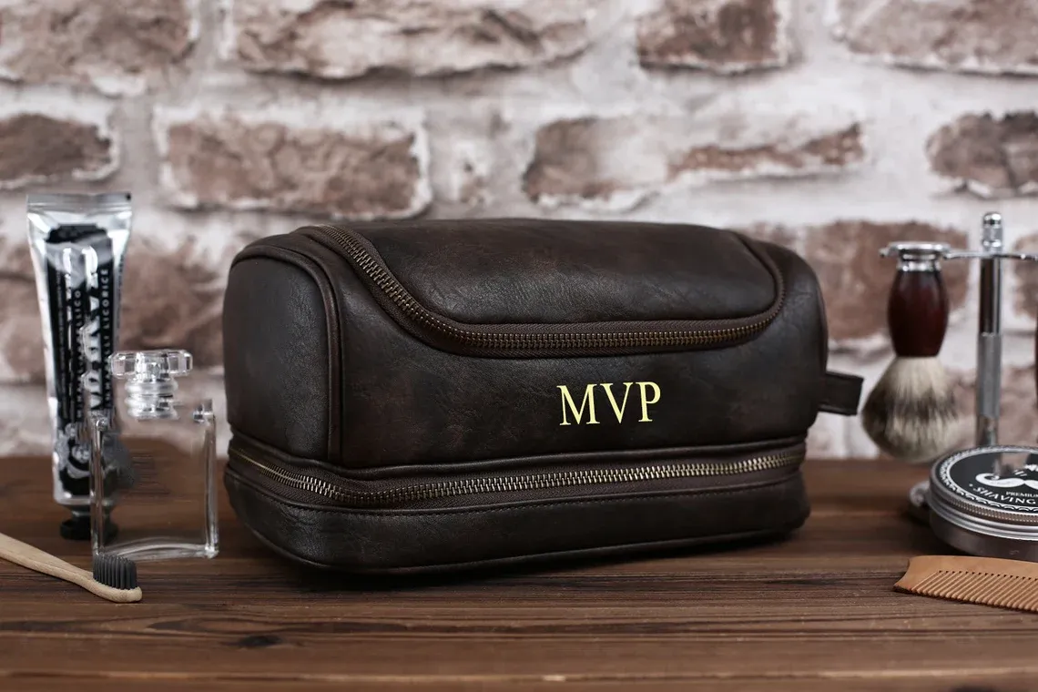 Personalised Leather Hanging Wash Bag, Groomsmen Gifts, PU Leather Toiletry Bag, Christmas Gift