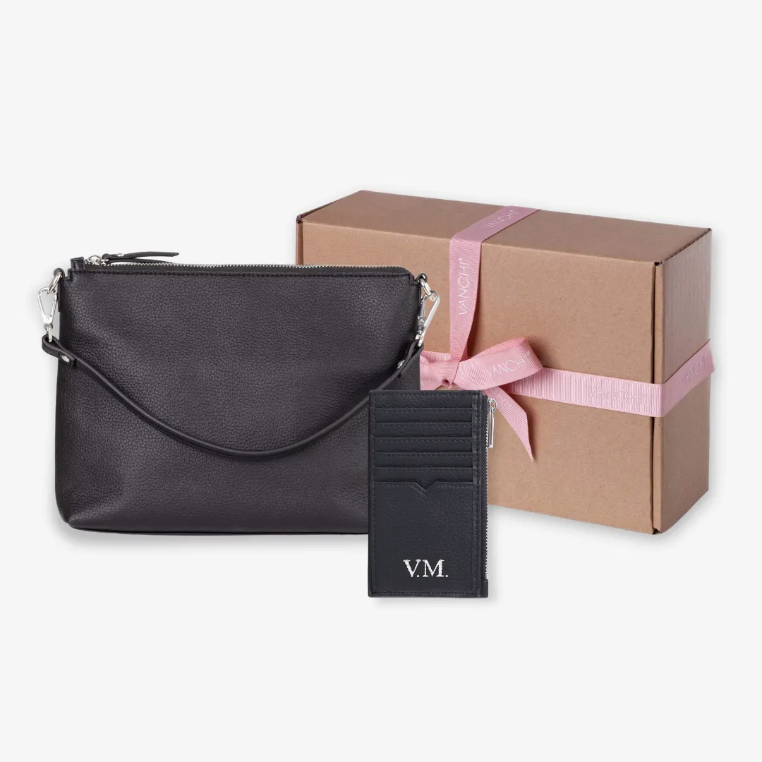 Vegan Leather Everyday Crossbody Bag   Mini Card Wallet Gift Set - Black